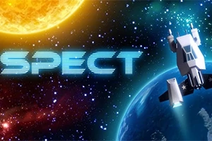 Rumskib nærmer sig en planet med en stor sol i baggrunden og teksten SPECT i neonbogstaver