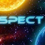 Rumskib nærmer sig en planet med en stor sol i baggrunden og teksten SPECT i neonbogstaver