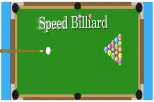 Poolbord med en opstilling af farvede baller i en trekant og teksten Speed Billiard