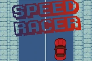 Rødt bil på en vej med pixeltekst SPEED RACER i skiftende farver over bilens vej