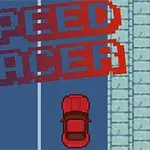 Rødt bil på en vej med pixeltekst SPEED RACER i skiftende farver over bilens vej