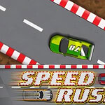 Grønt og gult racerbilsbillede på en kørebaneforløb med røde og hvide kantstriber, med teksten Speed Rush foran