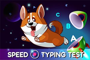 En tegneserie-corgi hopper i rummet med bogstaver og farverige kegler omkring sig