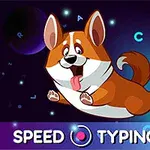 En tegneserie-corgi hopper i rummet med bogstaver og farverige kegler omkring sig