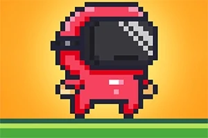 En rød pixel-figur med hjelm på en orange baggrund