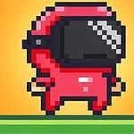 En rød pixel-figur med hjelm på en orange baggrund