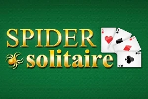 Teksten Spider Solitaire i gyldne bogstaver med en edderkop og spillekort på en grøn baggrund