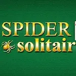 Teksten Spider Solitaire i gyldne bogstaver med en edderkop og spillekort på en grøn baggrund