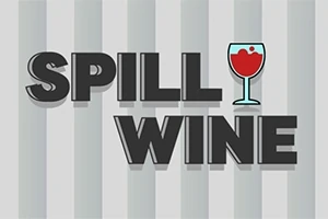 Teksten SPILL WINE prydet med et vinglas, der indeholder rød væske, mod en gråstribet baggrund