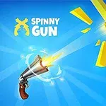 En roterende revolver skyder en kugle mod et gult mål på en blå baggrund