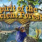 Blåt fuglemotiv med tekst Spirit of the Ancient Forest over en skovrig baggrund
