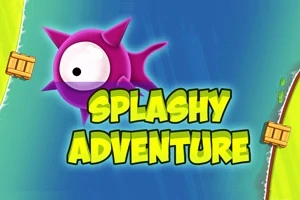 Et lilla, skarpt væsen med et stort øje er omgivet af kasser og grønne bølgekroner mod en blå baggrund med teksten Splashy Adventure