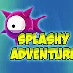 Et lilla, skarpt væsen med et stort øje er omgivet af kasser og grønne bølgekroner mod en blå baggrund med teksten Splashy Adventure