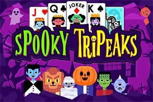 Farverige illustrationer af spøgelsesagtige figurer og kort på en lilla baggrund med teksten Spooky TriPeaks