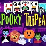 Farverige illustrationer af spøgelsesagtige figurer og kort på en lilla baggrund med teksten Spooky TriPeaks