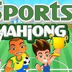 Tre figurer på en sportsbane, en kvinde med golfkølle og to mænd, hvoraf den ene holder en pokal, med teksten Sports Mahjong øverst