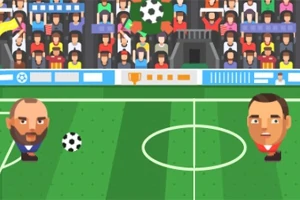 To animerede figurer spiller fodbold på en bane med tilskuere i baggrunden