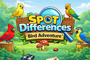 Farverig tegneserieskov med fugle, svampe, kikkert og et skilt med teksten Spot Differences Bird Adventure