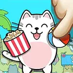 En tegnet kat med popcorn og en bold, mens en menneskehånd nærmer sig, med en baggrund af flere katte på en strand med palmer og parasoller