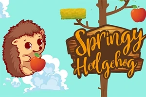 Sød tegning af en pindsvin med et æble og teksten Springy Hedgehog ved siden af et træ