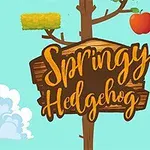 Sød tegning af en pindsvin med et æble og teksten Springy Hedgehog ved siden af et træ