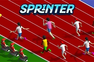 Flere animerede figurer løber på en atletikbane med tilskuere i baggrunden og teksten SPRINTER øverst