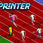 Flere animerede figurer løber på en atletikbane med tilskuere i baggrunden og teksten SPRINTER øverst