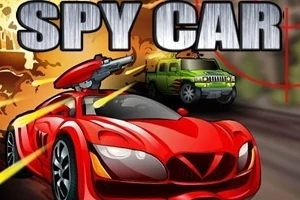 Rød sportsvogn med monteret maskinkanon i biljagt med grøn jeep foran en ildkugle, med teksten SPY CAR øverst