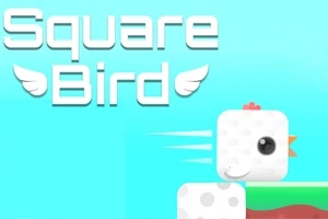 En kubisk fugl med store øjne flyver fremad på en farverig baggrund med teksten Square Bird og vinger