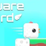 En kubisk fugl med store øjne flyver fremad på en farverig baggrund med teksten Square Bird og vinger