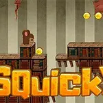 To mus på en platform fyldt med bøger med guldmønter ovenover og teksten Squicky nedenfor