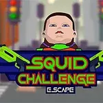 Illustration af en stor dukke med et robotisk udtryk, farverige skrivefelter med teksten Squid Challenge og grønne legetøjspistoler på en baggrund af en byscene