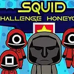 Tegnede figurer i røde dragter med masker formet som cirkel, trekant og firkant på blå baggrund med teksten Squid Challenge Honeycomb