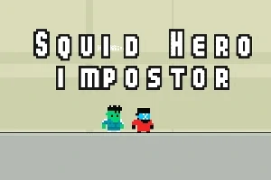 To pixelfigurer står på en grå platform med teksten Squid Hero Impostor skrevet over dem