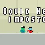 To pixelfigurer står på en grå platform med teksten Squid Hero Impostor skrevet over dem