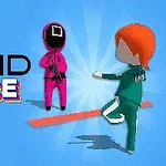 Figurer i farverige dragter mod en blå baggrund med teksten Squid Race
