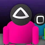 Tegneseriefigurer med sorte cirkler som ansigter, iført farverige dragter i pink, blå og grøn, med geometriske symboler