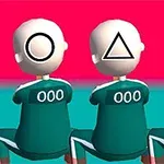 Tre animerede figurer sidder på hug med cirkel, trekant og firkant som ansigter, iført grønne dragter med tallet 000