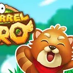 Glad tegneserie-rød panda med rød tørklæde foran en skovbaggrund og en tegnet tekst med ordet Hero