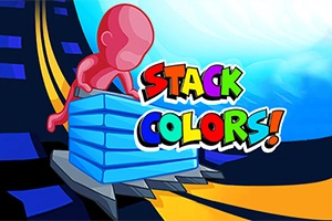 Rød figur samler blå blokke på en vej med teksten STACK COLORS!