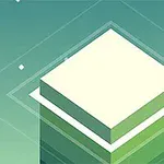 En isometrisk illustration af en grøn og hvid blok på en gradient baggrund med små hvide stjerner