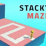 En gul figur står på en lyserød platform med en hvid sti i et blåt miljø, med teksten STACKY MAZE ved siden af