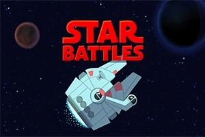 Rumskib i tegneseriestil med to planeter i baggrunden og teksten Star Battles øverst