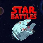 Rumskib i tegneseriestil med to planeter i baggrunden og teksten Star Battles øverst