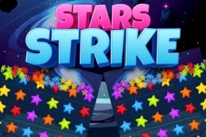 Farverige stjerner er arrangeret i rækker mod en kosmisk baggrund med teksten Stars Strike i lyserøde og blå bogstaver øverst