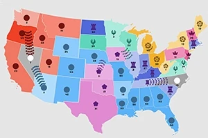 Kort over USA opdelt i farvede regioner med symboler og tal over hver delstat