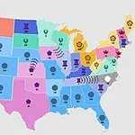 Kort over USA opdelt i farvede regioner med symboler og tal over hver delstat