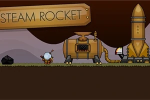 Et tegnet billede af en robotfigur ved siden af en dampdrevet raket og en maskine med skiltet Steam Rocket over