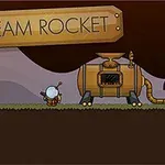 Et tegnet billede af en robotfigur ved siden af en dampdrevet raket og en maskine med skiltet Steam Rocket over