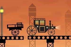Silhouette af en steampunk-vogn og lastvogn på en platform med en orange baggrund